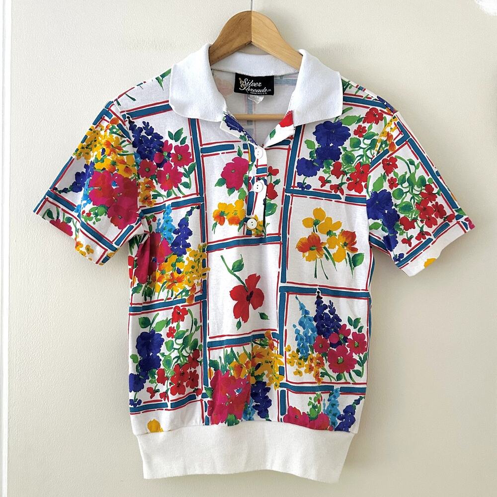 Silver Threads Floral Polo Shirt Sz S